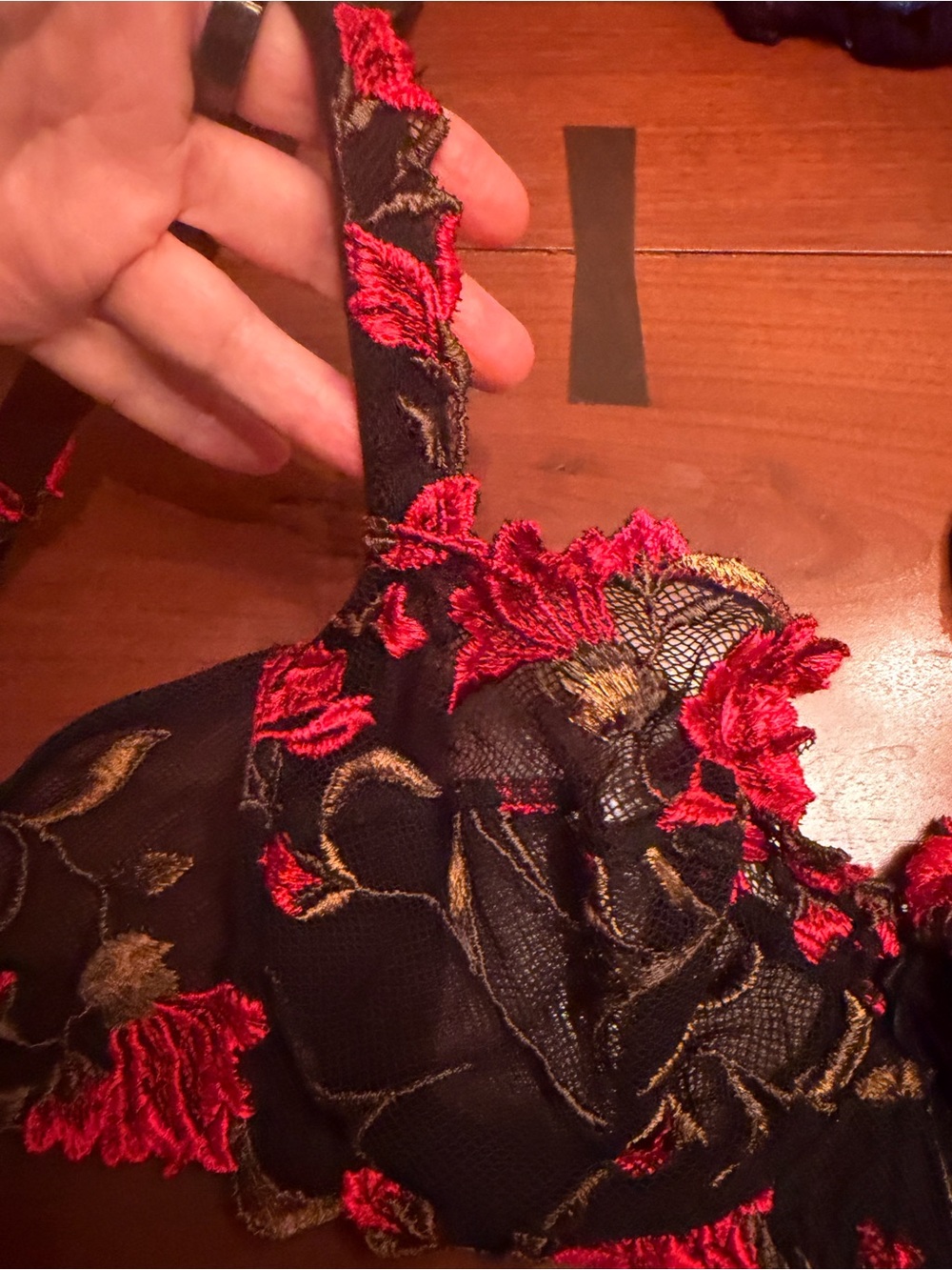 Lise Charmel 34D Black Lace Bra with Red and Gold Floral Embroidery + tanga L